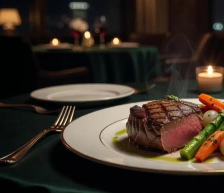 Fine dining stílusban tálalt vajban sült bélszín, elegáns zöld körettel és szószokkal