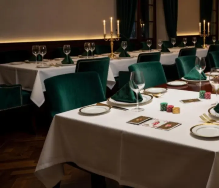 Elegáns privát rendezvényterem terített asztalokkal a Lista Fokusz étteremben